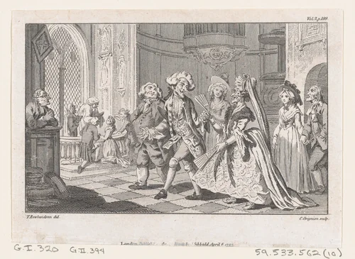 The Wedding of Lismahago and Tabitha, an illustration from Tobias Smollett's "The Expedition of Humphry Clinker" (London, 1793), Vol. 1. 1793 by Charles Grignion, print, 1793