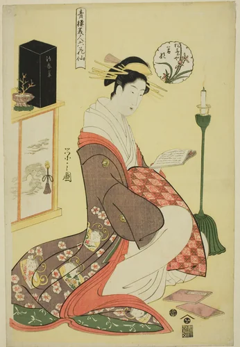 Wakana of the Matsubaya, from the series "Beauties of the Pleasure Quarters as the Six Floral Immortals (Seiro bijin rokkasen)" by Chobunsai Eishi, print, 1789-1800