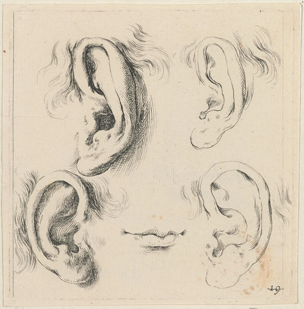 Vier oren en een mond by Stefano della Bella, print, 1620-1647