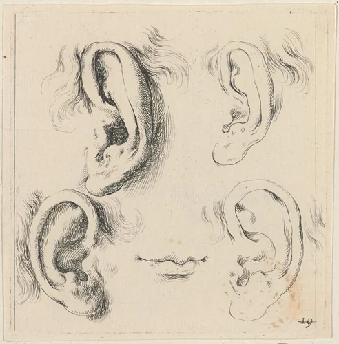 Vier oren en een mond by Stefano della Bella, print, 1620-1647