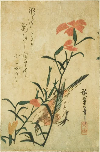 Bird and wild carnation by Utagawa Hiroshige (歌川広重), print, 1830-1840