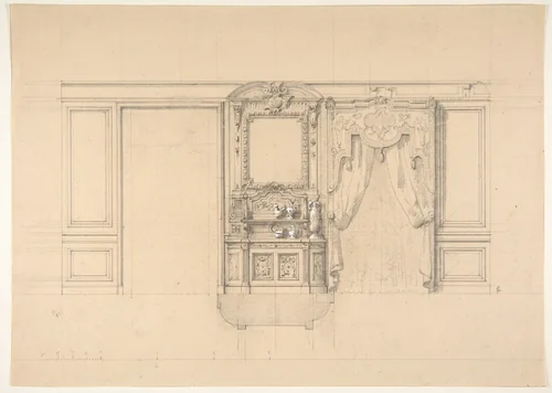 Elevation of a dining room with a carved buffet and window draperies by Jules-Edmond-Charles Lachaise, drawing, 1820-1897
