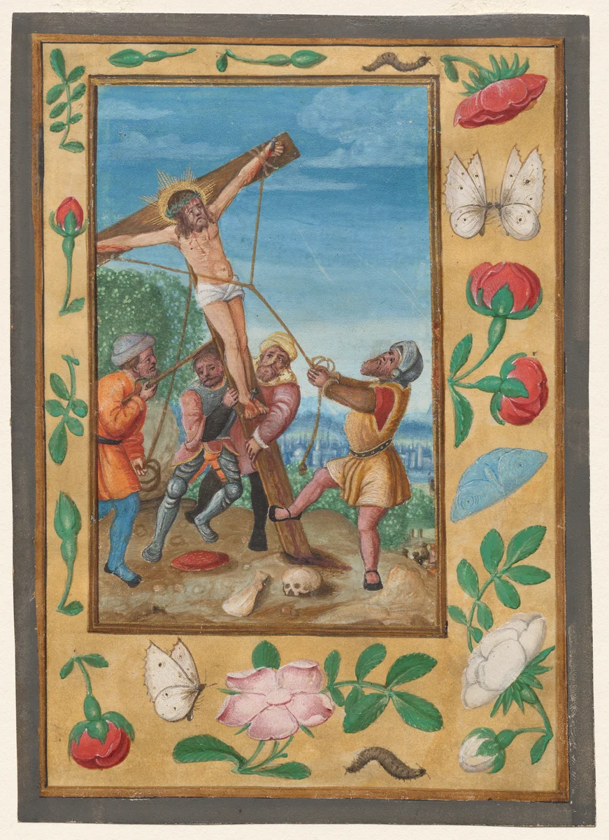 Leaf from a Book of Hours: The Raising of the Cross by Unknown, manuscript, 1505-1525