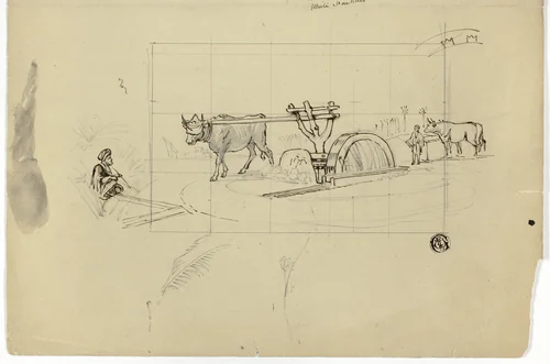 Ox Working on a Treadmill by Unknown Artist, drawing, 1800-1899