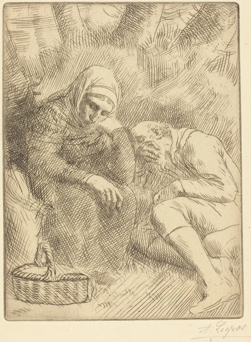 Man and Wife Seated by the Road with a Basket(Homme et femme assis au bord de la rou te aven un panier) by Alphonse Legros, print, 1837-1911