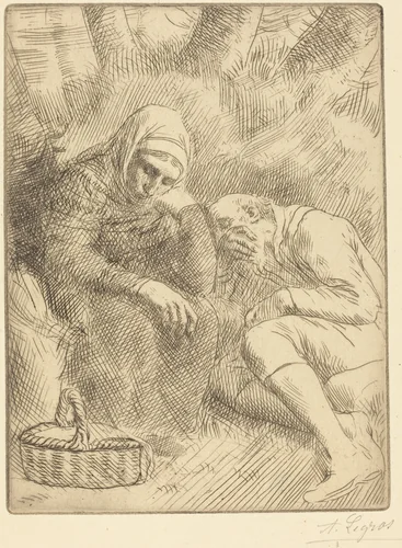 Man and Wife Seated by the Road with a Basket(Homme et femme assis au bord de la rou te aven un panier) by Alphonse Legros, print, 1837-1911