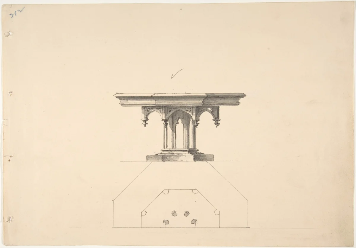 Design for an Octagonal Gothic Pedestal Table with Pendentives: Elevation and Plan by anonymous, drawing, 1800-1850