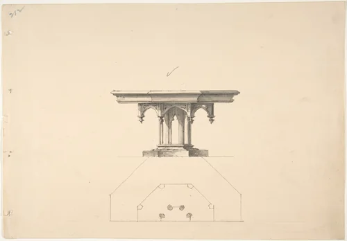 Design for an Octagonal Gothic Pedestal Table with Pendentives: Elevation and Plan by anonymous, drawing, 1800-1850