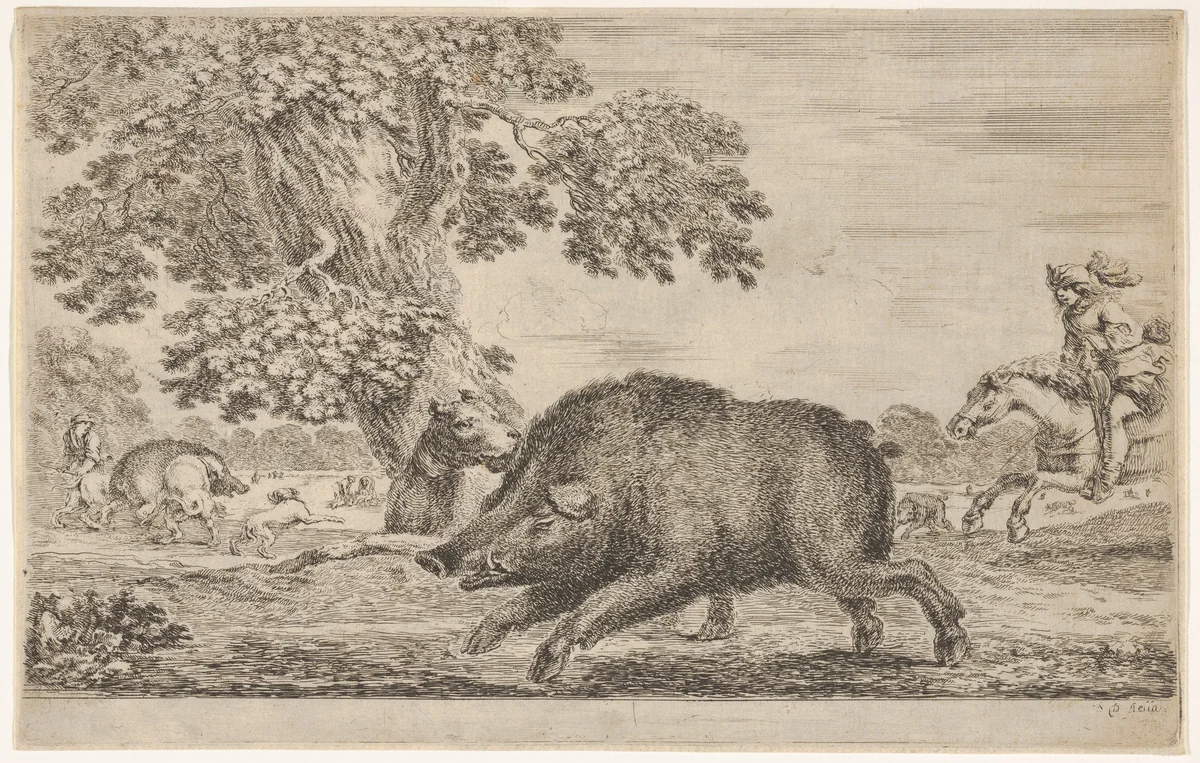 A wild boar running towards the left, a dog biting its ear behind to left, other dogs and horsemen in the background, from "Hunts of various animals" (Chasses à différents animaux) by Stefano della Bella, print, 1651-1657