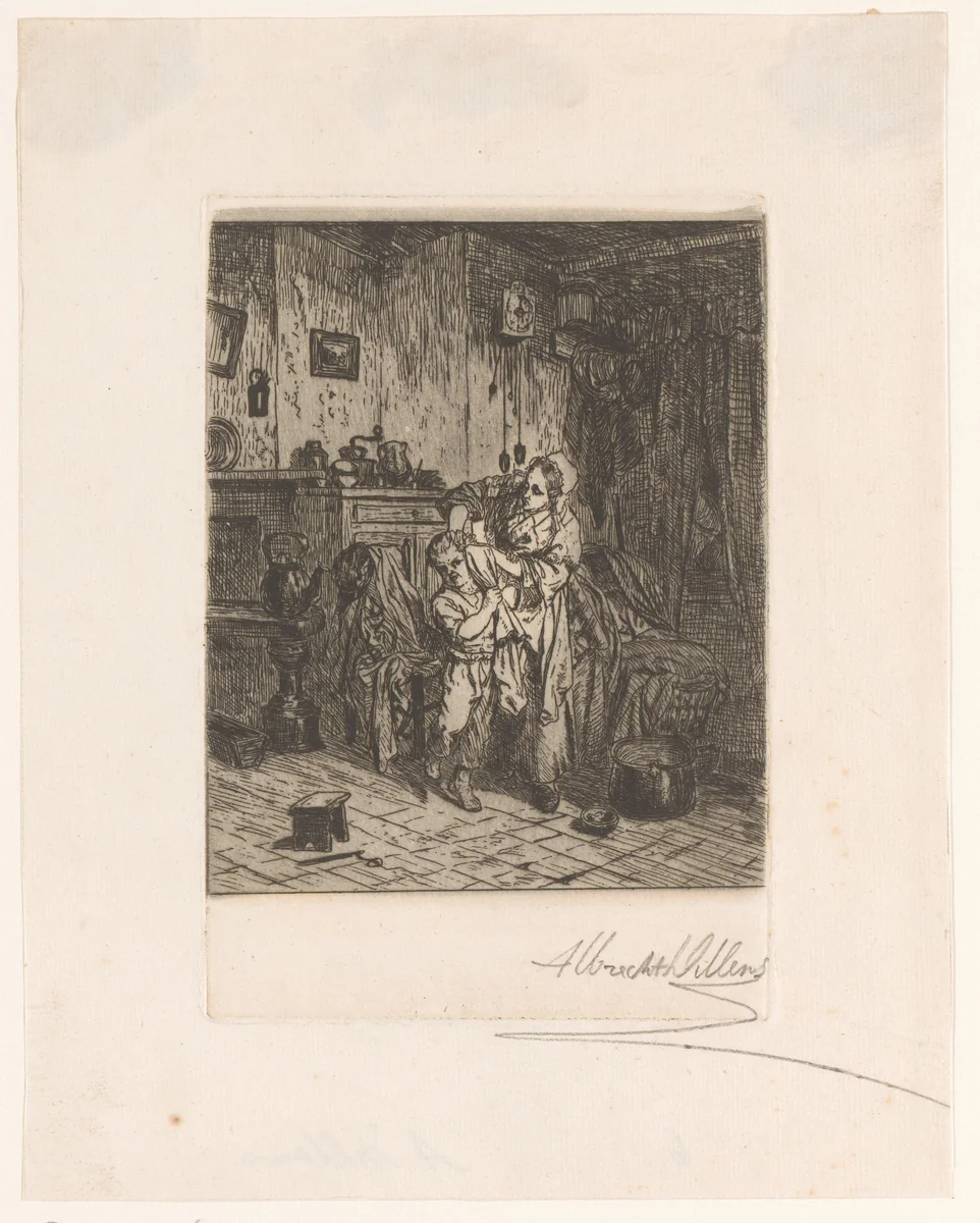 Interieur met een vrouw die het oor van een kind wast by Albert Dillens, print, 1874