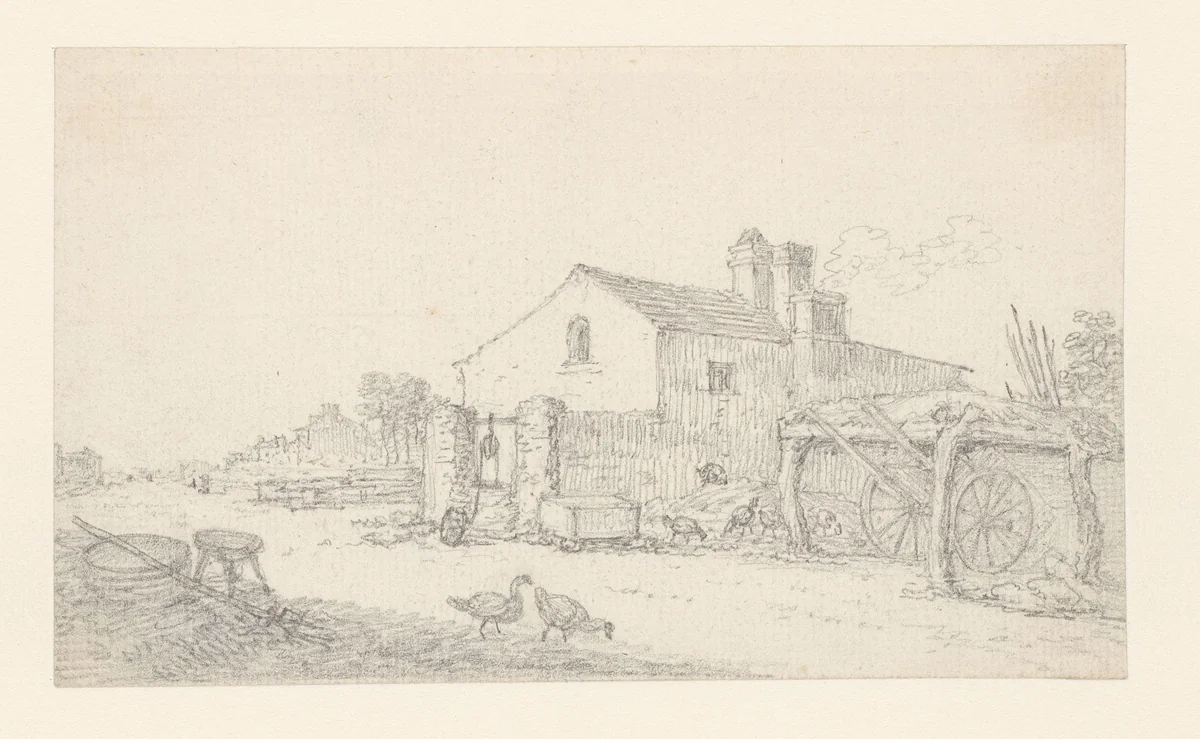 Boerderij; rechts daarvan een afdak voor een wagen by Georges Michel, drawing, 1773-1843