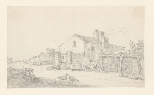 Boerderij; rechts daarvan een afdak voor een wagen by Georges Michel, drawing, 1773-1843