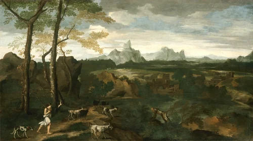 Landscape with a Herdsman and Goats by Gaspard Dughet, painting, 1630-1640