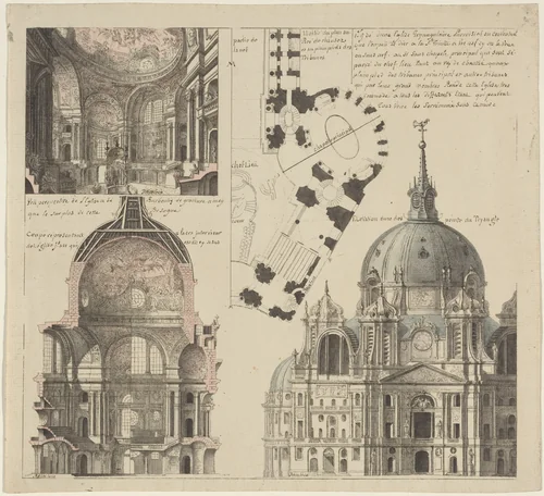 Three Views and a Plan of a Triangular Parish Church by Pierre Varin, drawing, 1750