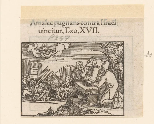 Mozes krijgt zijn armen ondersteund door Aäron en Hur tijdens de slag met de Amalekieten by anonymous, print, 1530-1533