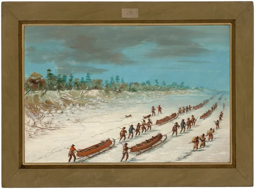 La Salle Crossing Lake Michigan on the Ice. December 8, 1681 by George Catlin, painting, 1847-1848