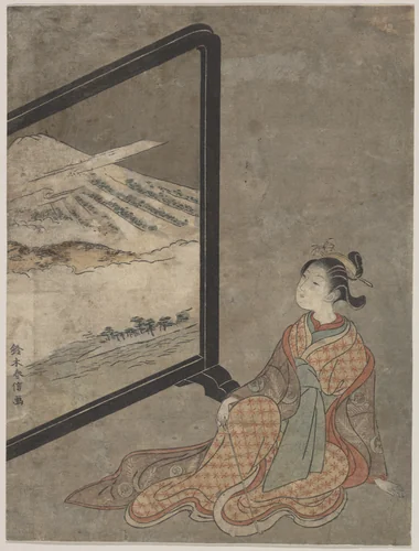 Young Woman with a Pipe in Her Hand Gazing at Landscape Painted on a Screen by Suzuki Harunobu (鈴木春信), print, 1725-1770