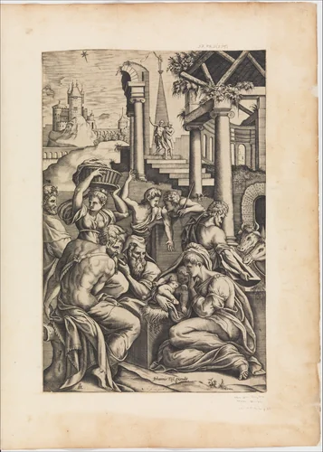The Adoration of the Shepherds by Pieter van der Heyden, print, 1530-1572