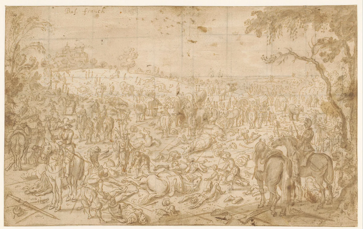 Overval op een legertros by Sebastiaen Vrancx, drawing, 1583-1647