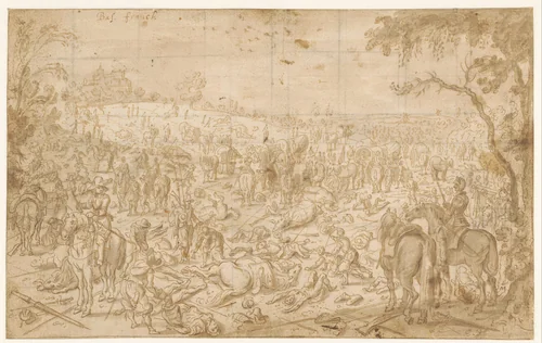 Overval op een legertros by Sebastiaen Vrancx, drawing, 1583-1647