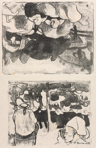 Les Bretonneries: Breton Women Making Haystacks (Bretonnes Faisant les Foins) and Wedding in Brittany (La Noce en Bretange) by Émile Bernard, print, 1889