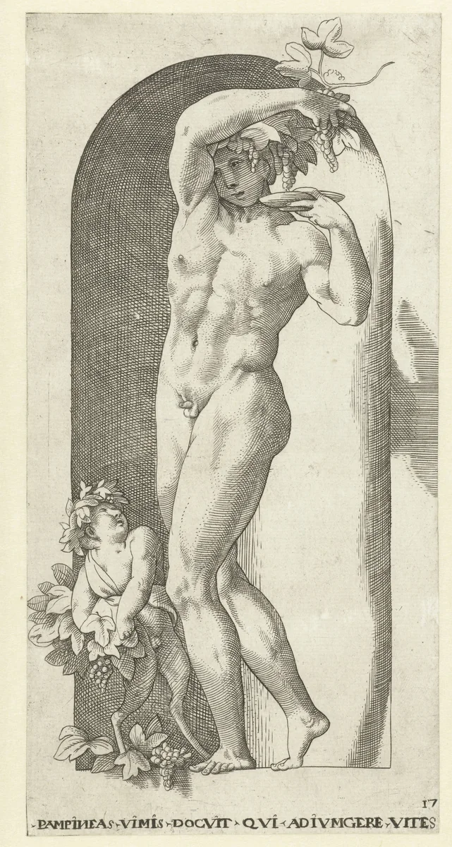 Bacchus met drinkschaal en wijnranken by Jacob Binck, print, 1530