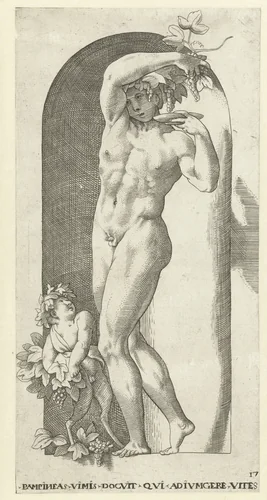 Bacchus met drinkschaal en wijnranken by Jacob Binck, print, 1530