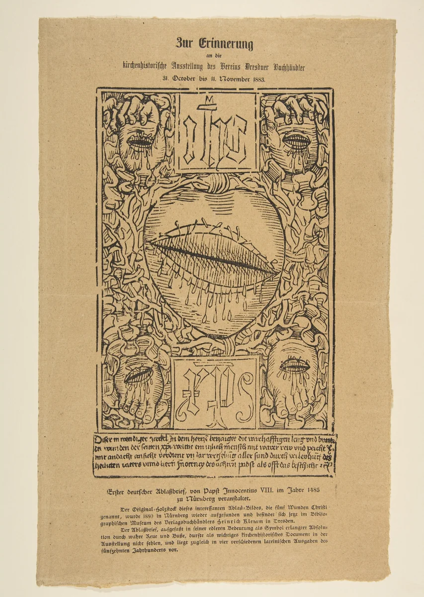 The Sacred Monogram and the Wounds of Christ by anonymous, print, 1400-1499