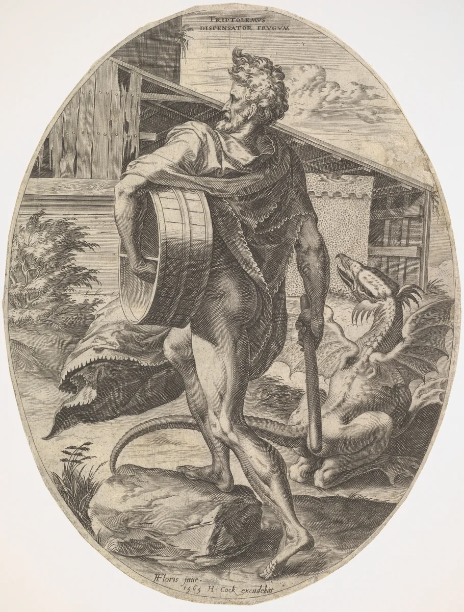 Triptolemus, from "The Rural Gods" by Cornelis Cort, print, 1565
