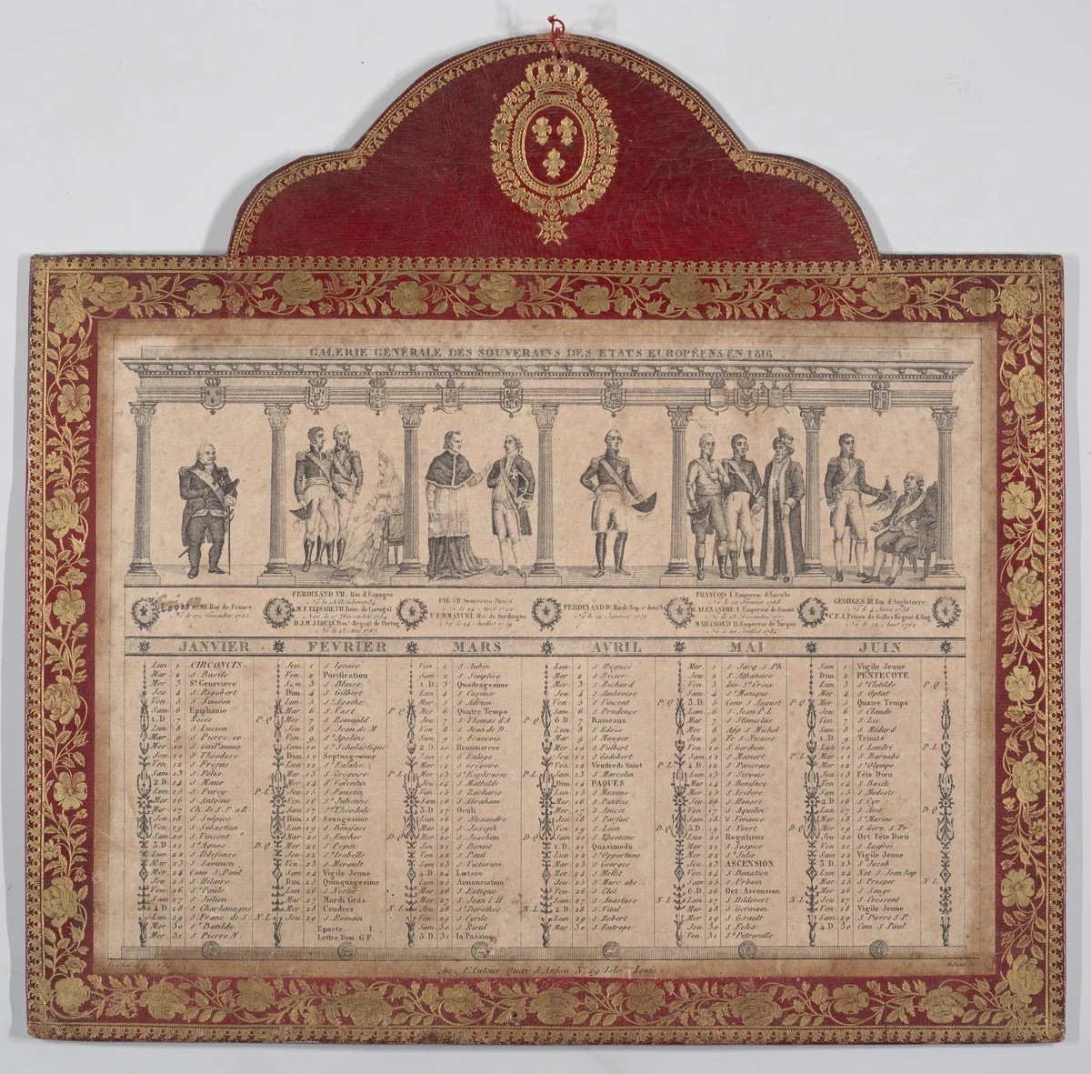 French Calendar for the Year 1816 (Galerie Generale des Souverains des Etats Européens) by Chevalier Henry Guillot, print, 1816