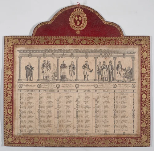 French Calendar for the Year 1816 (Galerie Generale des Souverains des Etats Européens) by Chevalier Henry Guillot, print, 1816