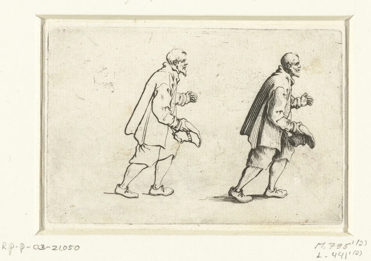 Tweemaal dezelfde lopende man, op de rechterzijde gezien by Jacques Callot, print, 1621