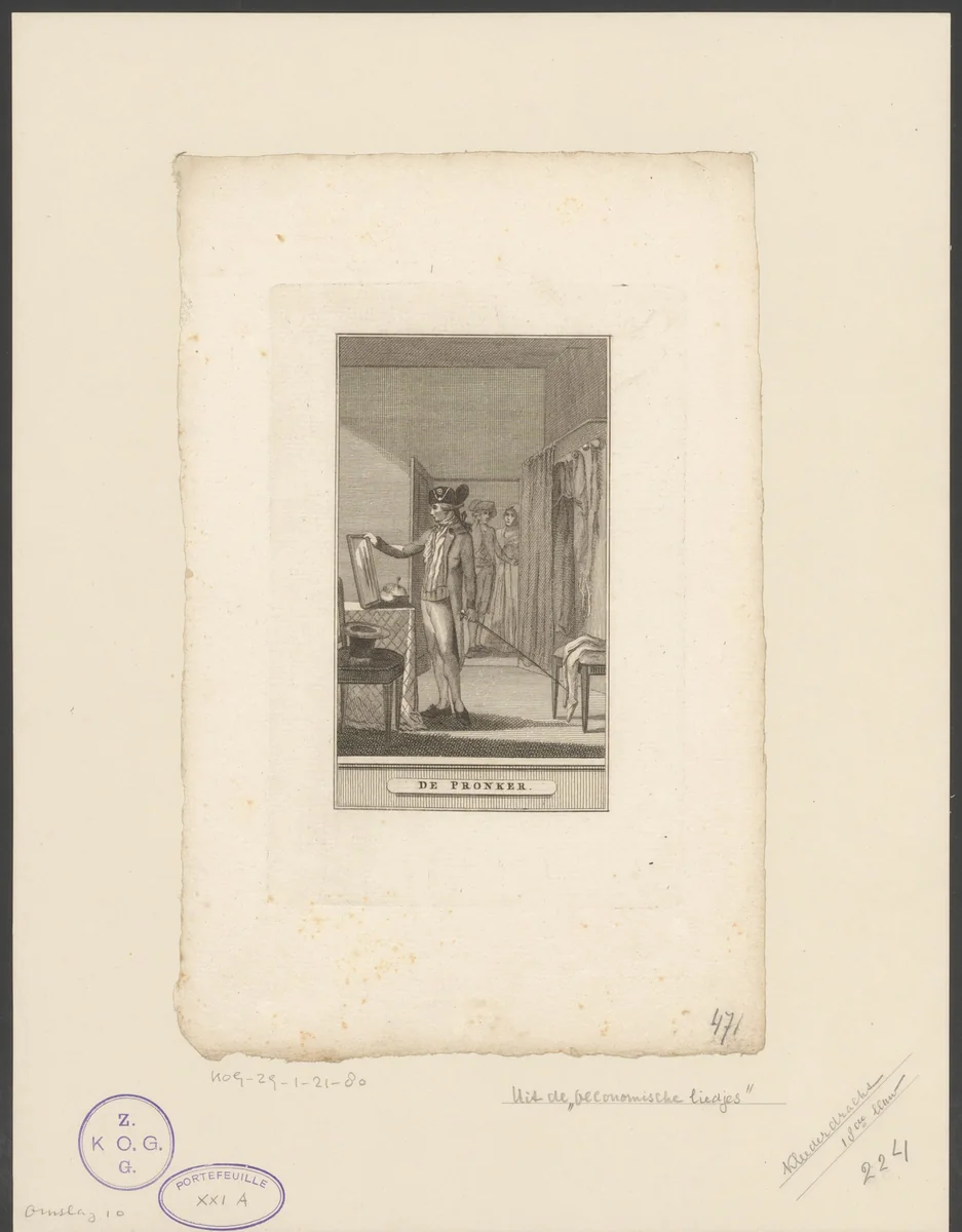 Jonge man bekijkt zichzelf in de spiegel in een kledingwinkel by anonymous, print, 1798