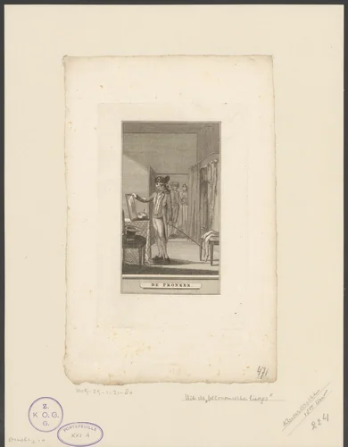 Jonge man bekijkt zichzelf in de spiegel in een kledingwinkel by anonymous, print, 1798