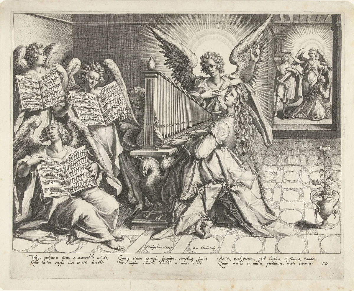 De H. Cecilia aan het orgel by Unknown, print, 1593
