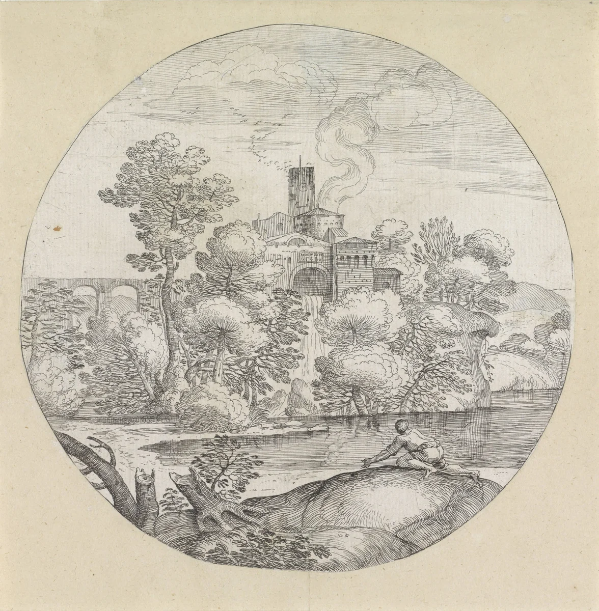 Landschap met kruipende man by Giovanni Francesco Grimaldi, print, 1616-1680