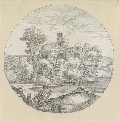 Landschap met kruipende man by Giovanni Francesco Grimaldi, print, 1616-1680