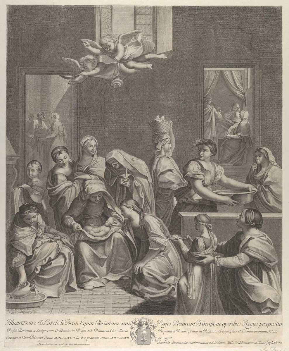 The birth of the Virgin; woman seated with an infant in her lap, numerous women surrounding her, angels above, after Reni by Etienne Picart, print, 1677