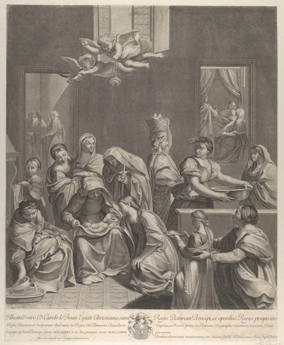 The birth of the Virgin; woman seated with an infant in her lap, numerous women surrounding her, angels above, after Reni by Etienne Picart, print, 1677