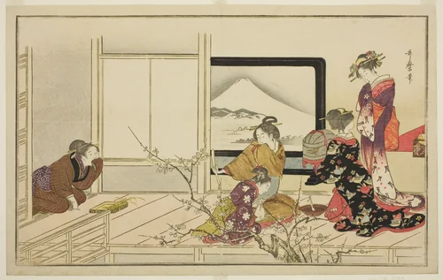 Preparing Food for a Nightingale, from the illustrated kyoka anthology "Men's Stamping Dance (Otoko toka)" by Kitagawa Utamaro (喜多川歌麿), print, 1793-1803