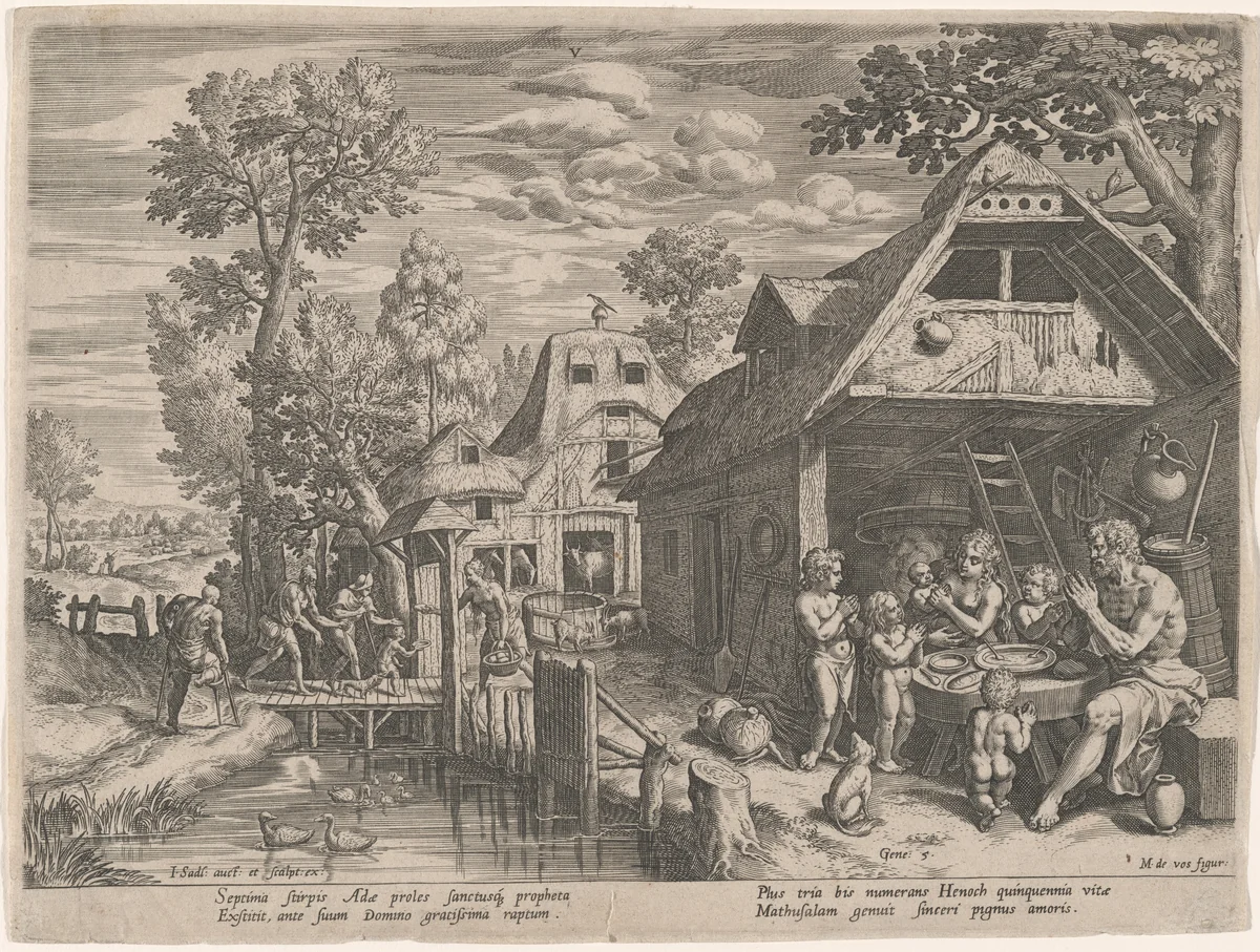Henoch and His Family at a Meal by Jan Sadeler I; Maarten de Vos, print, 1586