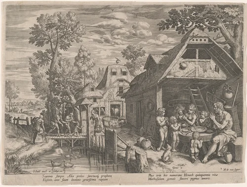 Henoch and His Family at a Meal by Jan Sadeler I; Maarten de Vos, print, 1586
