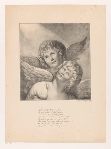 Twee engelen die omhoog kijken by anonymous, print, 1828-1843