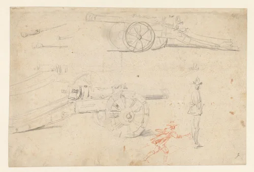 Schetsen van een kanon en twee figuren by David Teniers, drawing, 1640-1649