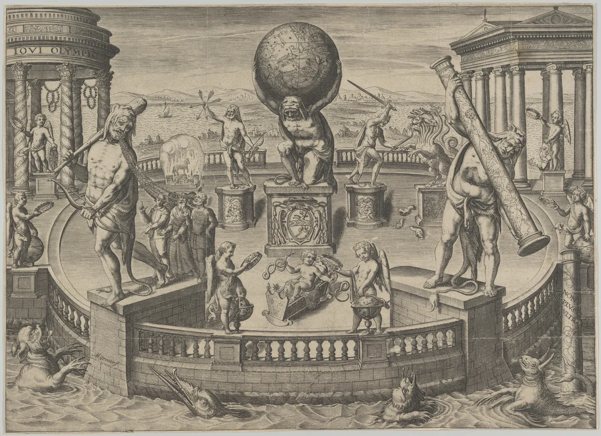 Allegory of the Twelve Labors of Hercules Statues in a Circular Garden by Matthaeus Greuter, print, 1566-1638