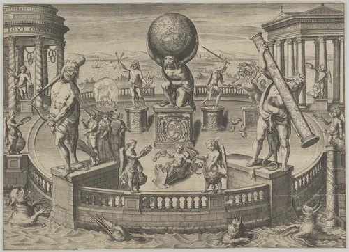 Allegory of the Twelve Labors of Hercules Statues in a Circular Garden by Matthaeus Greuter, print, 1566-1638
