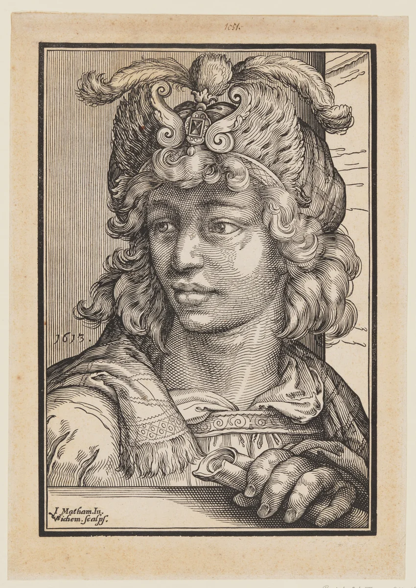 Bust of a Young Man with Feathered Cap by Christoffel van Sichem I, print, 1613