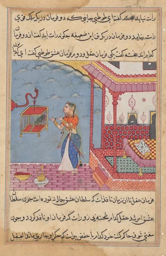 The Parrot Addresses Khujasta at the Beginning of the Twenty-Fourth Night, from a Tuti-nama (Tales of a Parrot) by Unknown, painting, 1555-1565