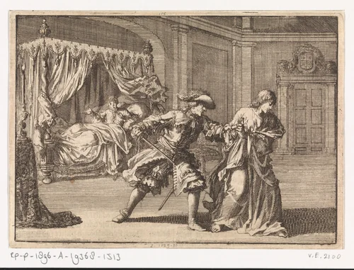 Een als engel verklede Jezuïet wordt ´s nachts ontmaskerd wanneer hij Filips Willem van de Palts tegen ketters wil opstoken, 1687 by Jan Luyken, print, 1698