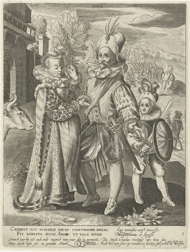 Derde levensfase van dertig jaar met soldaat die afscheid neemt van zijn vrouw en ten strijde trekt by Assuerus van Londerseel, print, 1598-1602